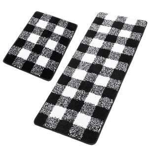 Microfiber Plaid Bathroom Rugs 2 Pcs Mats 17"x24" & 17"x47" Black & White